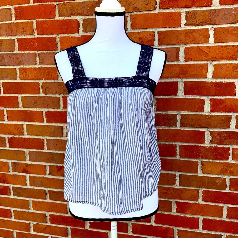 NWT Aerie Square Neck Lace Trimmed Blue and White Pinstriped Tank Top XS